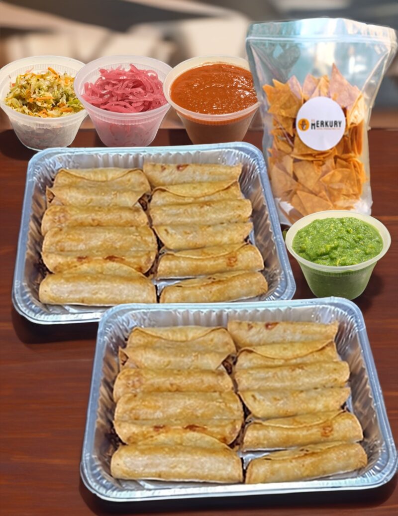 An image of a colorful Taquitos Party Package for events, featuring 24 delicious taquitos, a side of fresh salsa, creamy guacamole, and a stack of crispy tortilla chips