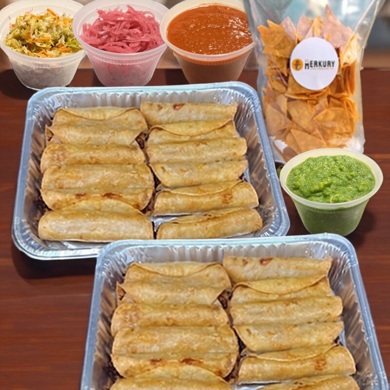 An image of a colorful Taquitos Party Package for events, featuring 24 delicious taquitos, a side of fresh salsa, creamy guacamole, and a stack of crispy tortilla chips