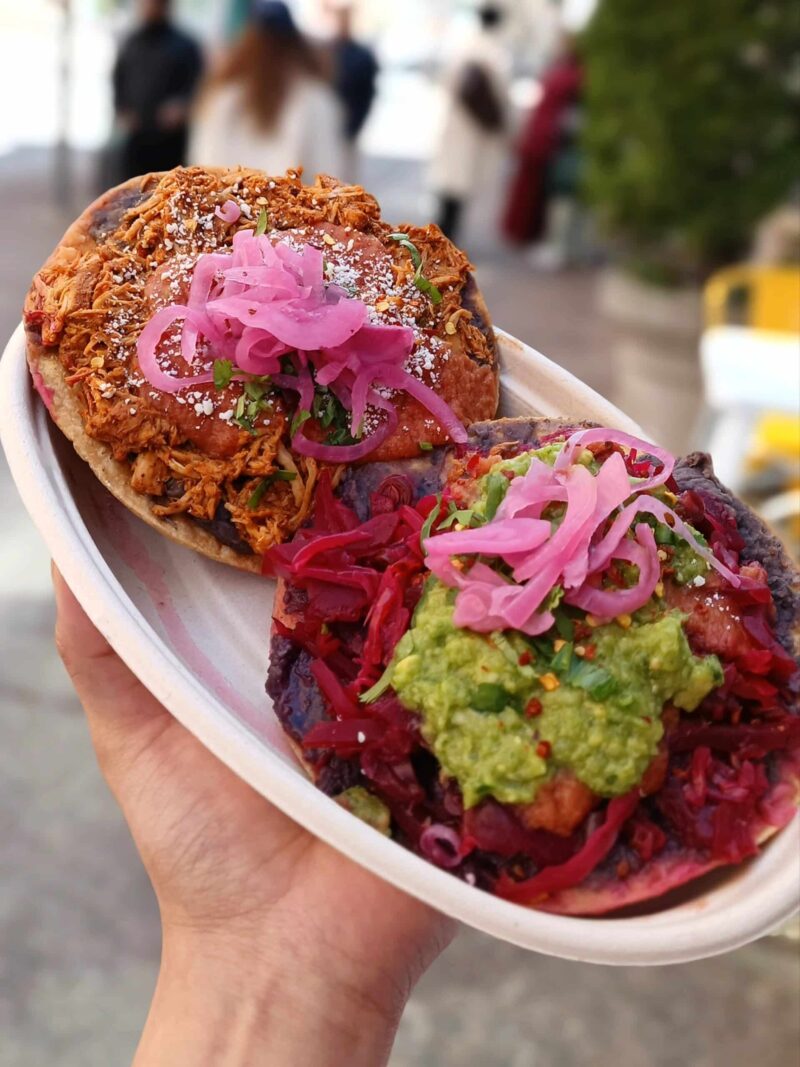 Customizable tostada bar, featuring crispy corn tostada shell topped with proteins.